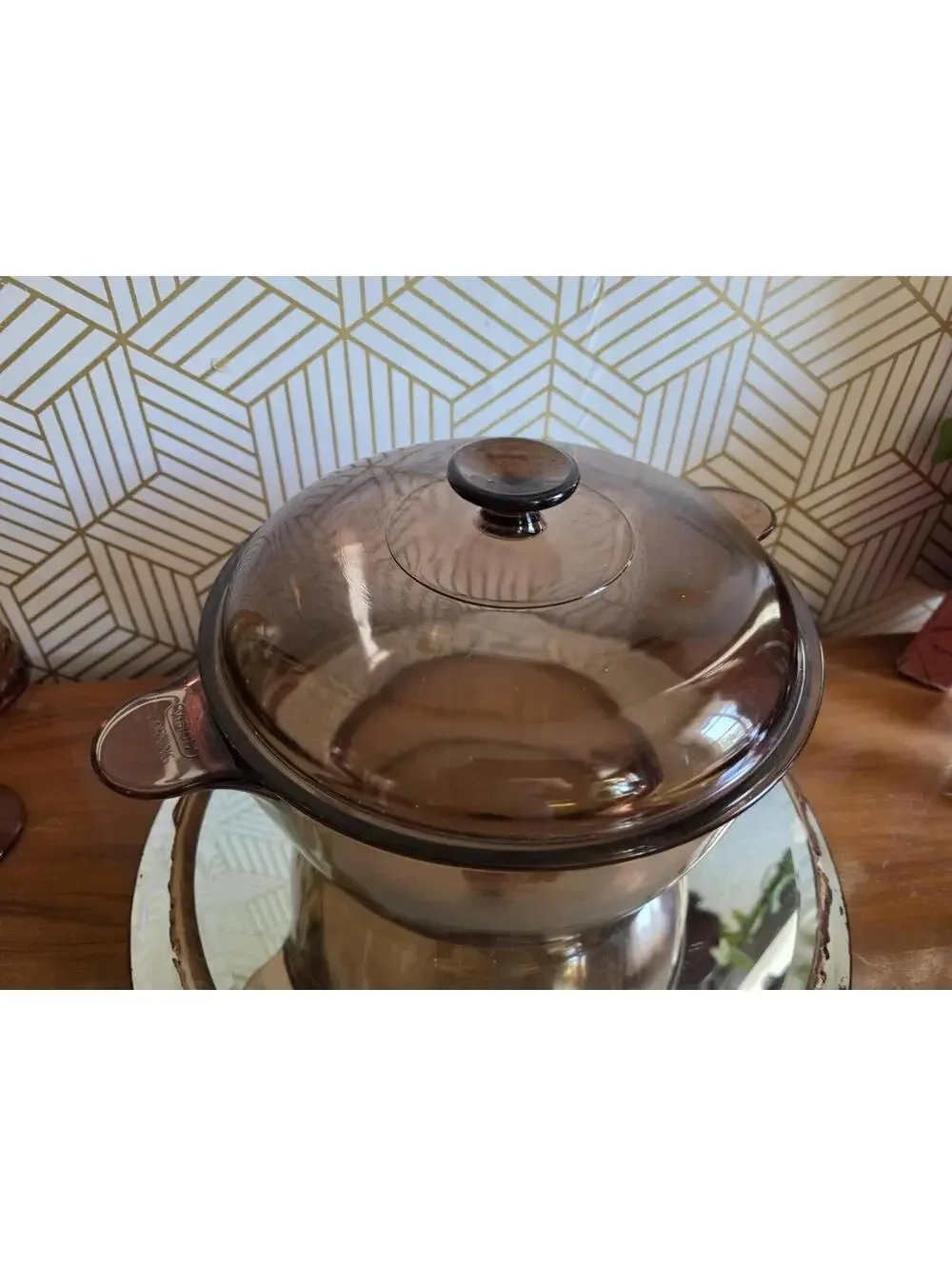 Vintage Vision Ware Brown/Amber Glass Dutch Oven 4.5L Stockpot W/ Lid